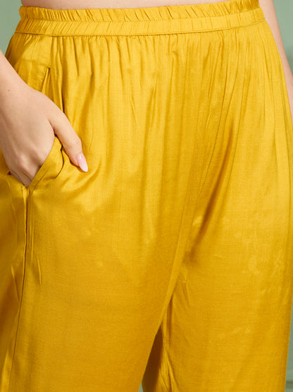 Festive Solid Floral Embroidered Straight Kurta with Pant & Dupatta - Yellow