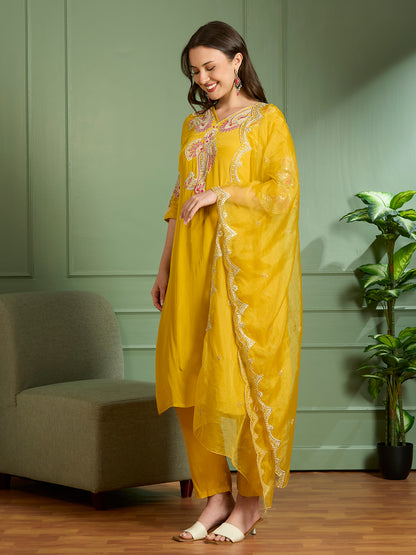 Festive Solid Floral Embroidered Straight Kurta with Pant & Dupatta - Yellow