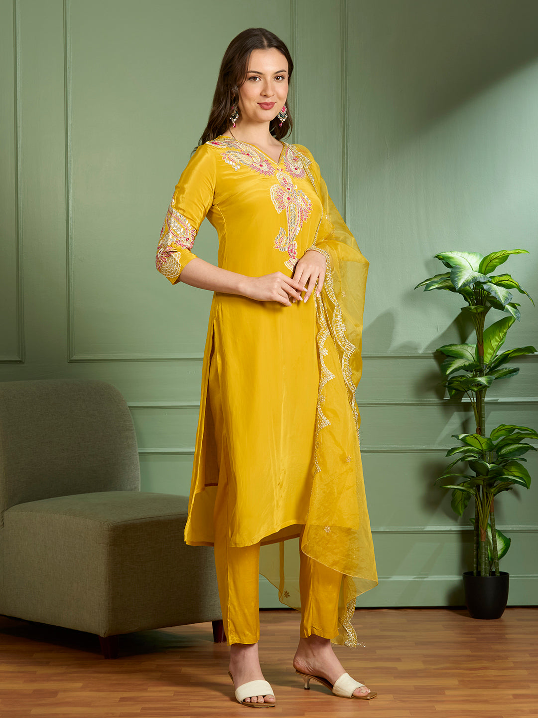 Festive Solid Floral Embroidered Straight Kurta with Pant & Dupatta - Yellow