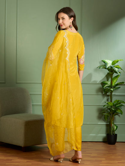 Festive Solid Floral Embroidered Straight Kurta with Pant & Dupatta - Yellow