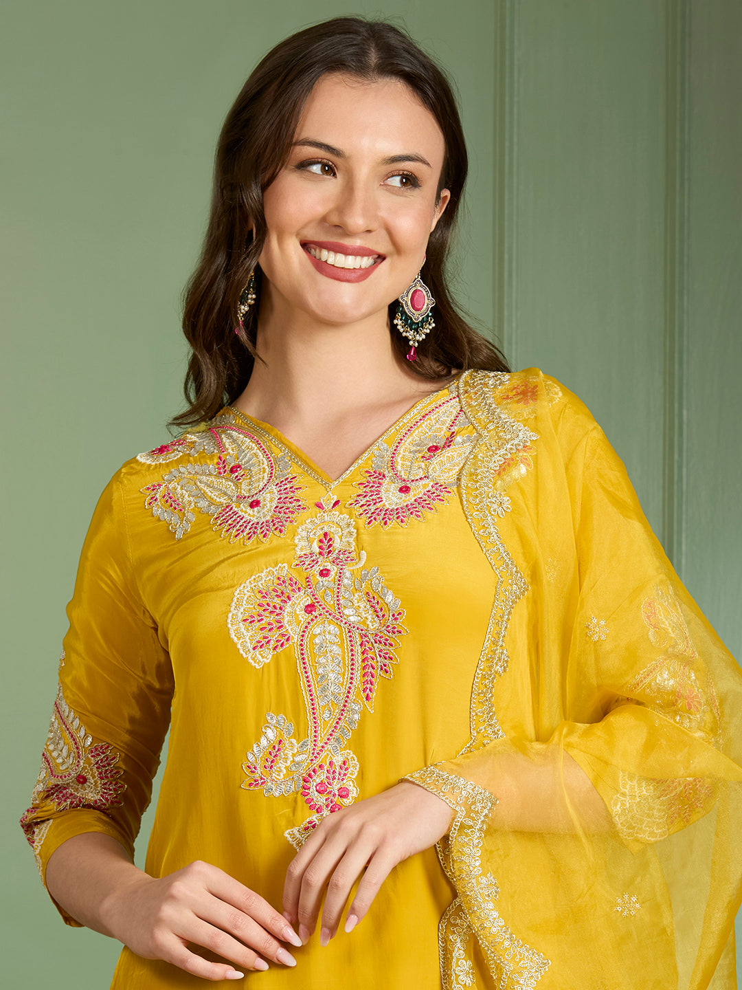 Festive Solid Floral Embroidered Straight Kurta with Pant & Dupatta - Yellow