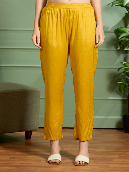 Festive Solid Floral Embroidered Straight Kurta with Pant & Dupatta - Yellow