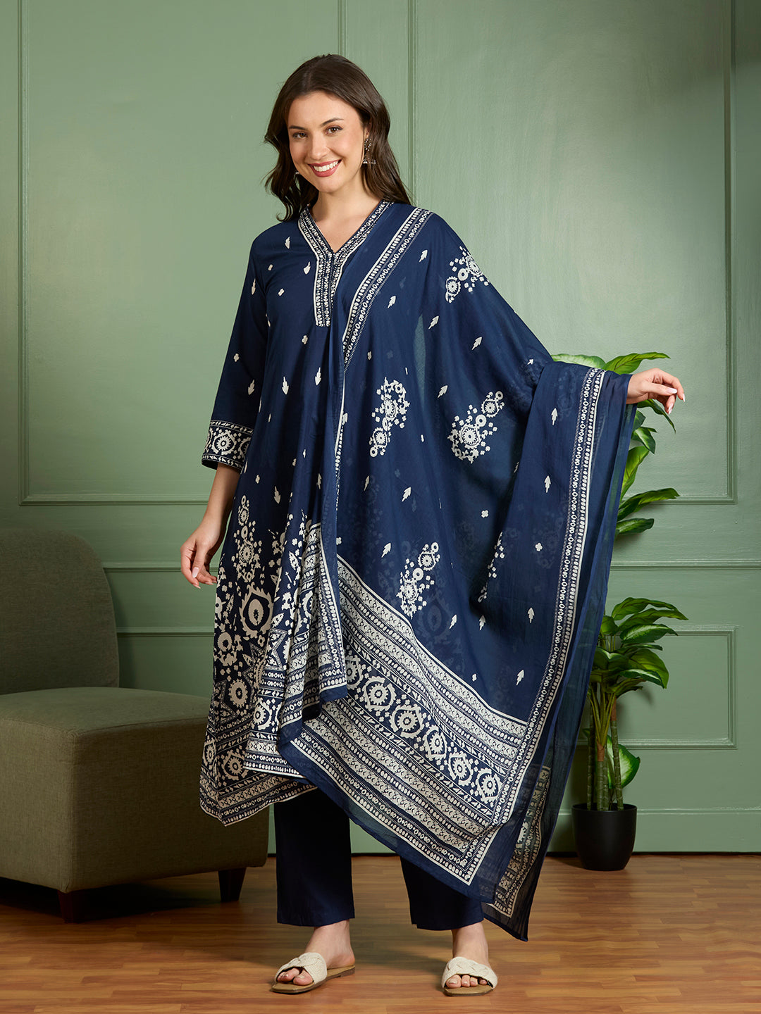 Ethnic Printed Embroidered A-Line Kurta with Pant and Pure Cotton Dupatta - Navy Blue