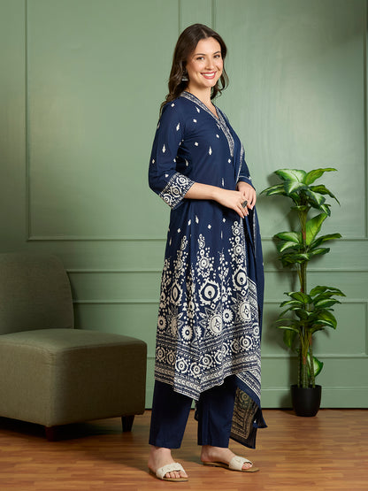 Ethnic Printed Embroidered A-Line Kurta with Pant and Pure Cotton Dupatta - Navy Blue