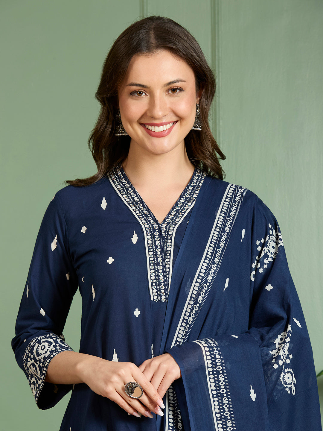 Ethnic Printed Embroidered A-Line Kurta with Pant and Pure Cotton Dupatta - Navy Blue