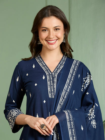 Ethnic Printed Embroidered A-Line Kurta with Pant and Pure Cotton Dupatta - Navy Blue