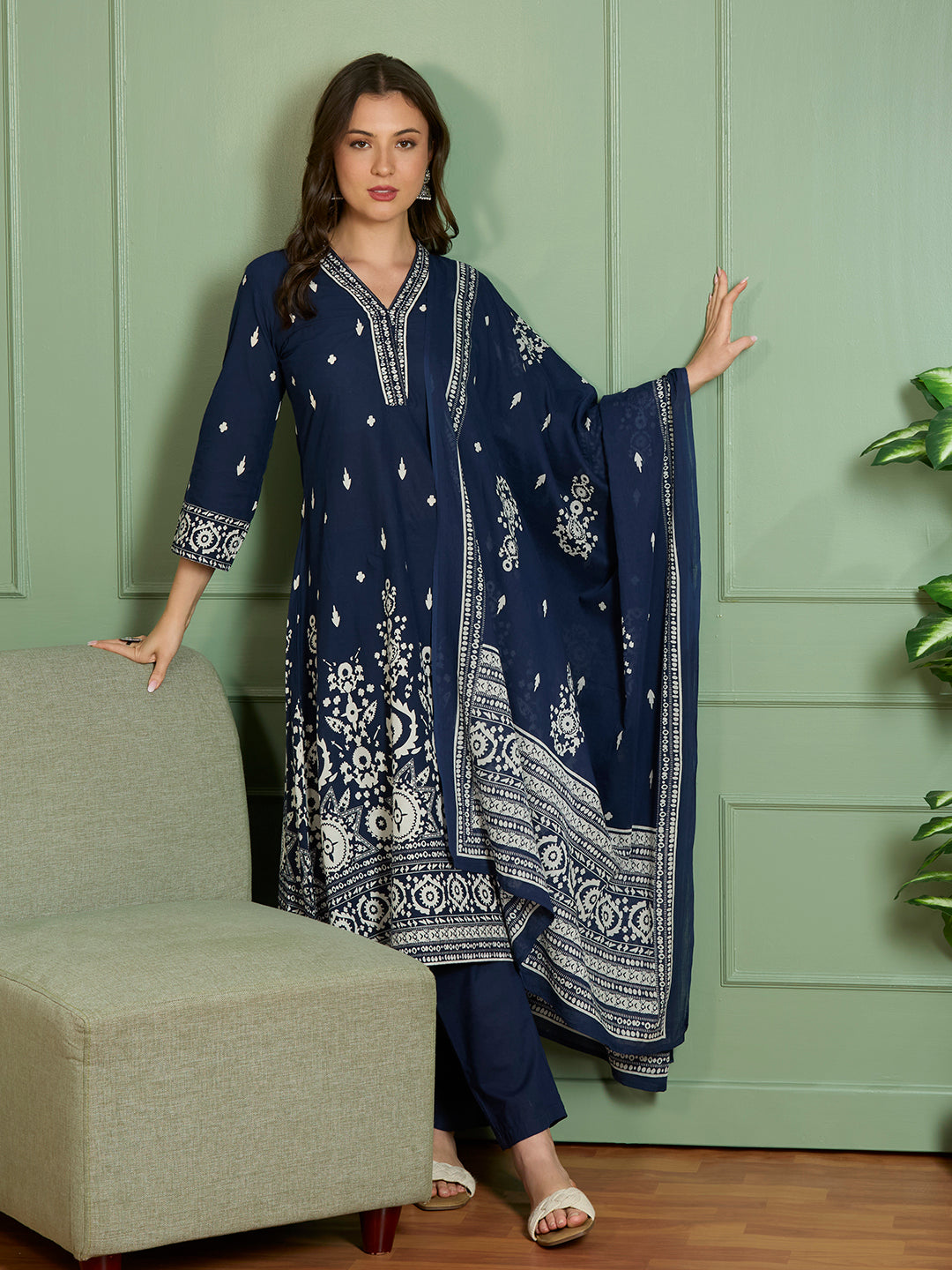 Ethnic Printed Embroidered A-Line Kurta with Pant and Pure Cotton Dupatta - Navy Blue