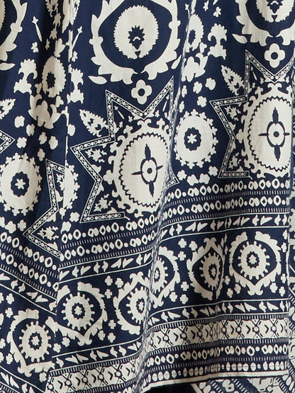 Ethnic Printed Embroidered A-Line Kurta with Pant and Pure Cotton Dupatta - Navy Blue
