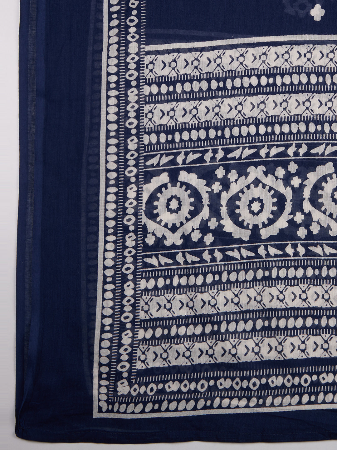 Ethnic Printed Embroidered A-Line Kurta with Pant and Pure Cotton Dupatta - Navy Blue