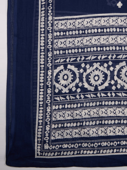 Ethnic Printed Embroidered A-Line Kurta with Pant and Pure Cotton Dupatta - Navy Blue