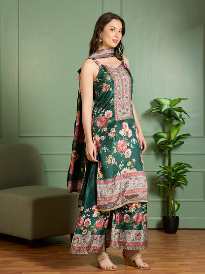 Ethnic Printed Embroidered Straight Kurta with Palazzo and Dupatta - Green