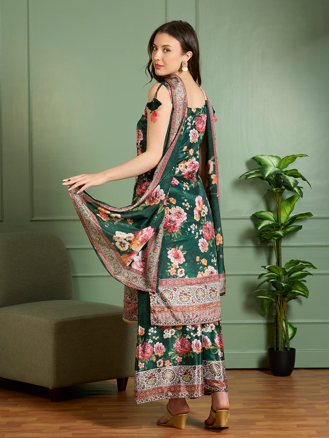 Ethnic Printed Embroidered Straight Kurta with Palazzo and Dupatta - Green