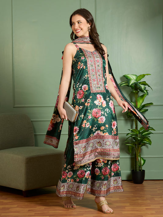 Ethnic Printed Embroidered Straight Kurta with Palazzo and Dupatta - Green