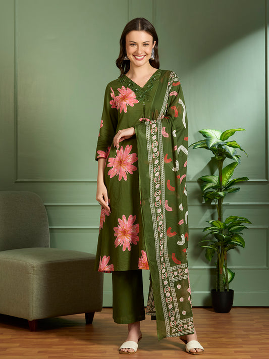 Abstract Floral Printed A-Line Kurta with Palazzo & Dupatta - Green