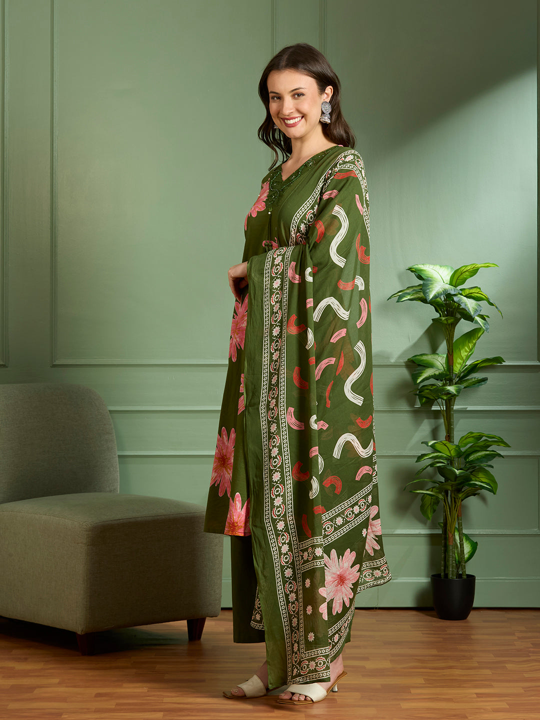 Abstract Floral Printed A-Line Kurta with Palazzo & Dupatta - Green