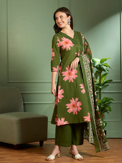 Abstract Floral Printed A-Line Kurta with Palazzo & Dupatta - Green