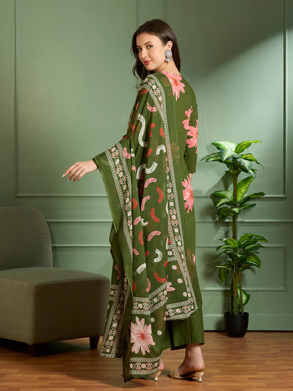 Abstract Floral Printed A-Line Kurta with Palazzo & Dupatta - Green