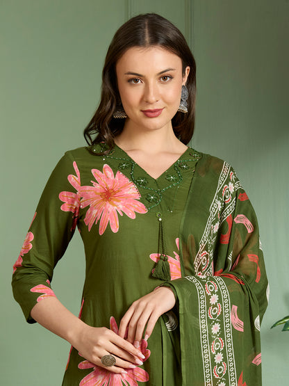 Abstract Floral Printed A-Line Kurta with Palazzo & Dupatta - Green
