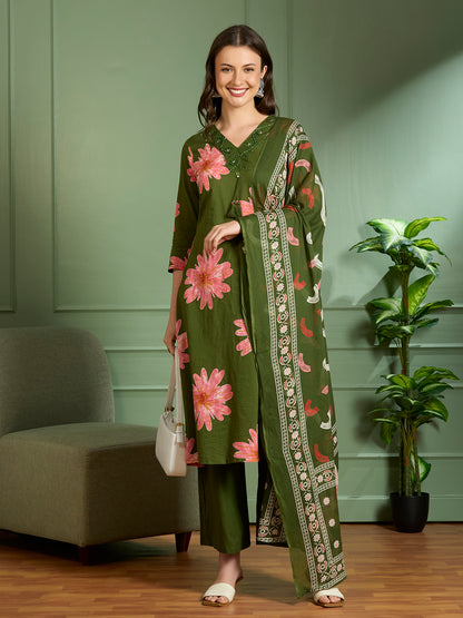 Abstract Floral Printed A-Line Kurta with Palazzo & Dupatta - Green