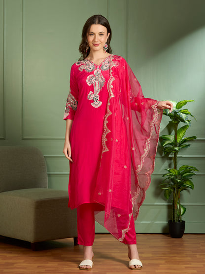 Solid Floral Zari Embroidered Straight Fit Kurta with Pant & Dupatta - Pink