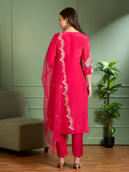 Solid Floral Zari Embroidered Straight Fit Kurta with Pant & Dupatta - Pink