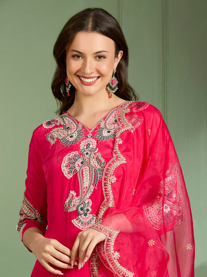 Solid Floral Zari Embroidered Straight Fit Kurta with Pant & Dupatta - Pink