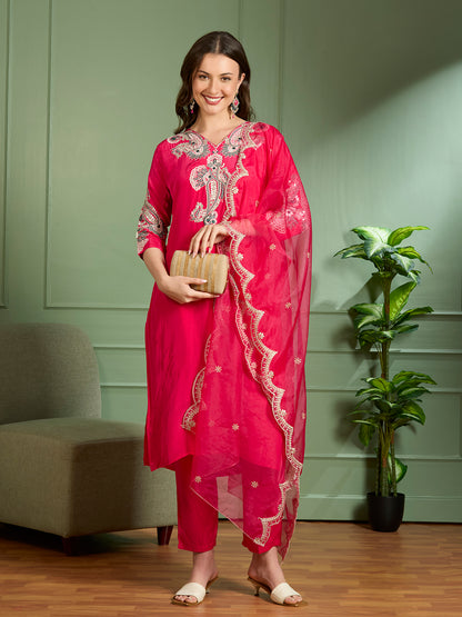 Solid Floral Zari Embroidered Straight Fit Kurta with Pant & Dupatta - Pink