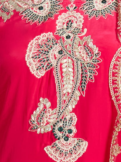 Solid Floral Zari Embroidered Straight Fit Kurta with Pant & Dupatta - Pink