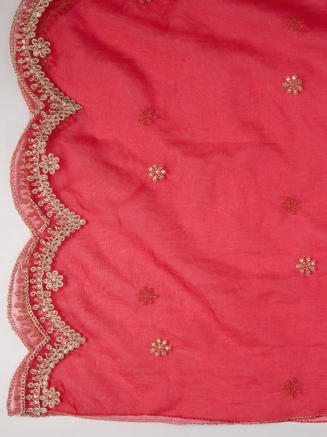 Solid Floral Zari Embroidered Straight Fit Kurta with Pant & Dupatta - Pink