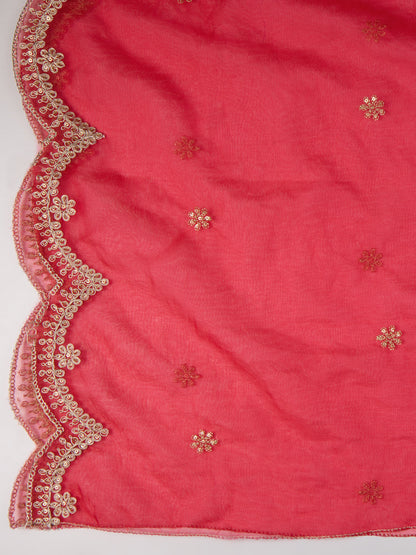 Solid Floral Zari Embroidered Straight Fit Kurta with Pant & Dupatta - Pink