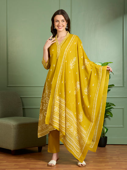 Ethnic Printed Embroidered A-Line Kurta with Pant and Pure Cotton Dupatta - Mustard
