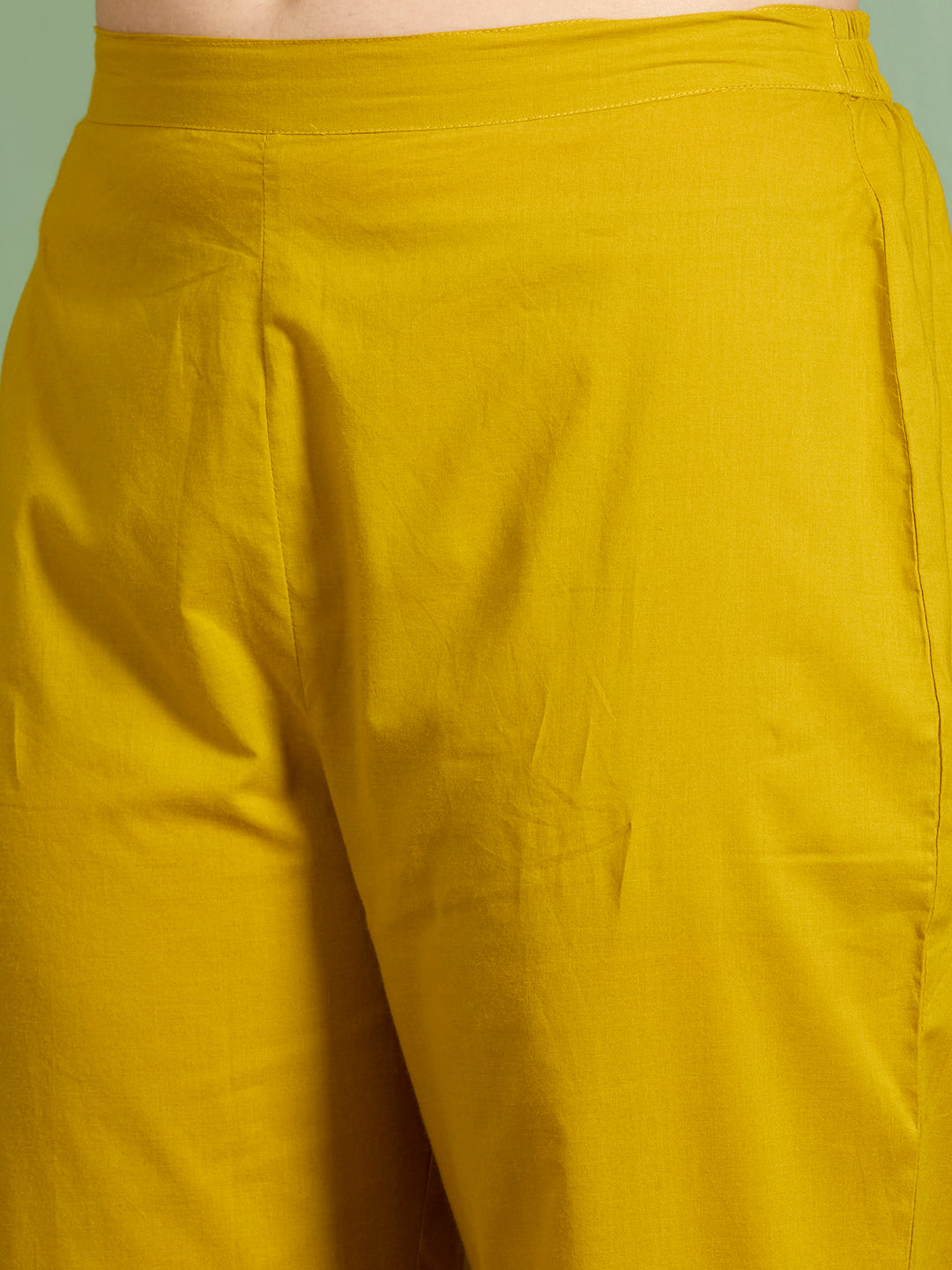 Ethnic Printed Embroidered A-Line Kurta with Pant and Pure Cotton Dupatta - Mustard