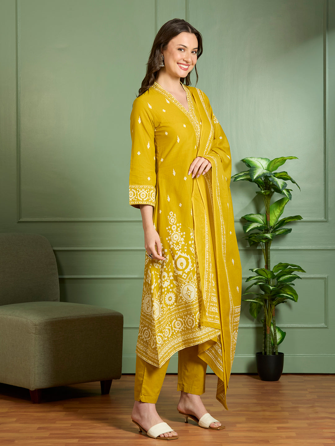 Ethnic Printed Embroidered A-Line Kurta with Pant and Pure Cotton Dupatta - Mustard