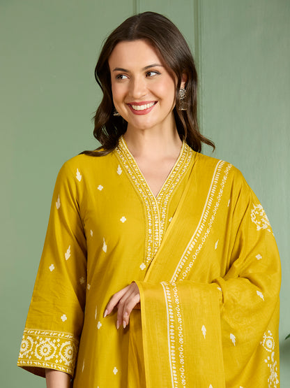 Ethnic Printed Embroidered A-Line Kurta with Pant and Pure Cotton Dupatta - Mustard