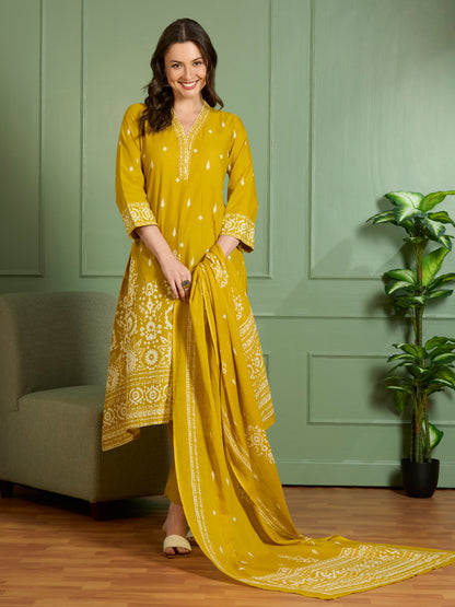 Ethnic Printed Embroidered A-Line Kurta with Pant and Pure Cotton Dupatta - Mustard