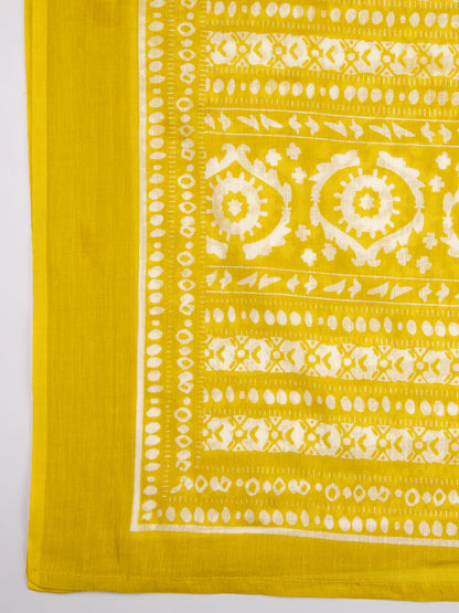 Ethnic Printed Embroidered A-Line Kurta with Pant and Pure Cotton Dupatta - Mustard