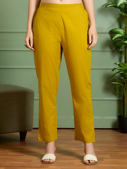 Ethnic Printed Embroidered A-Line Kurta with Pant and Pure Cotton Dupatta - Mustard