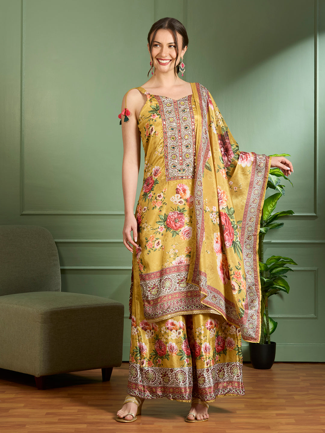 Floral Printed Embroidered Straight Fit Kurta with Palazzo & Dupatta - Yellow