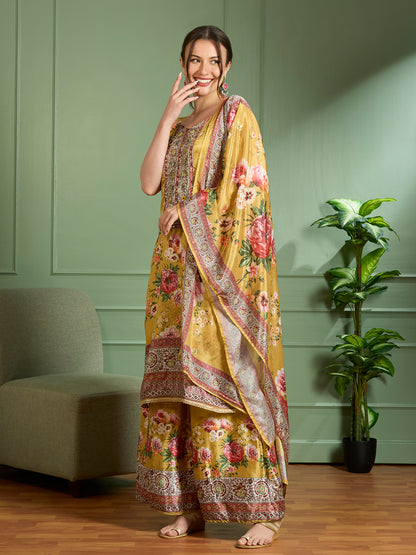 Floral Printed Embroidered Straight Fit Kurta with Palazzo & Dupatta - Yellow