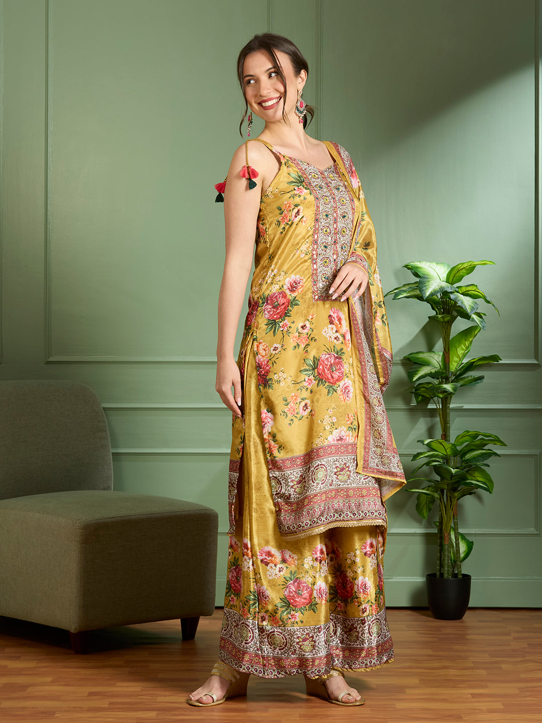 Floral Printed Embroidered Straight Fit Kurta with Palazzo & Dupatta - Yellow
