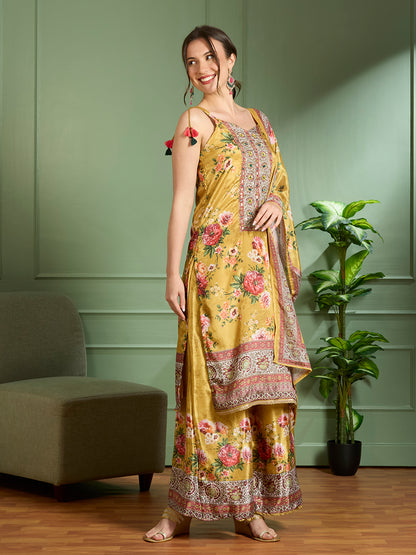 Floral Printed Embroidered Straight Fit Kurta with Palazzo & Dupatta - Yellow