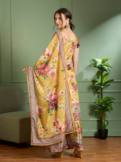 Floral Printed Embroidered Straight Fit Kurta with Palazzo & Dupatta - Yellow