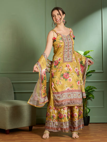 Floral Printed Embroidered Straight Fit Kurta with Palazzo & Dupatta - Yellow