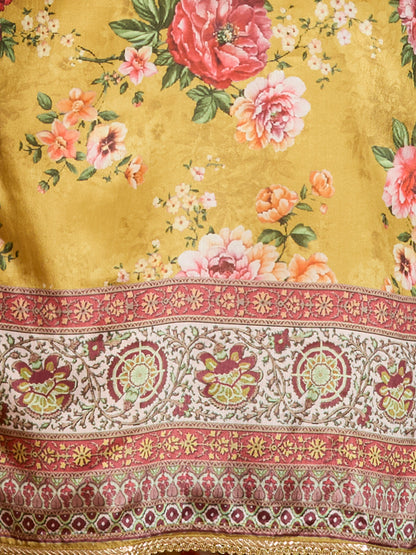 Floral Printed Embroidered Straight Fit Kurta with Palazzo & Dupatta - Yellow