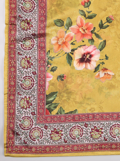 Floral Printed Embroidered Straight Fit Kurta with Palazzo & Dupatta - Yellow
