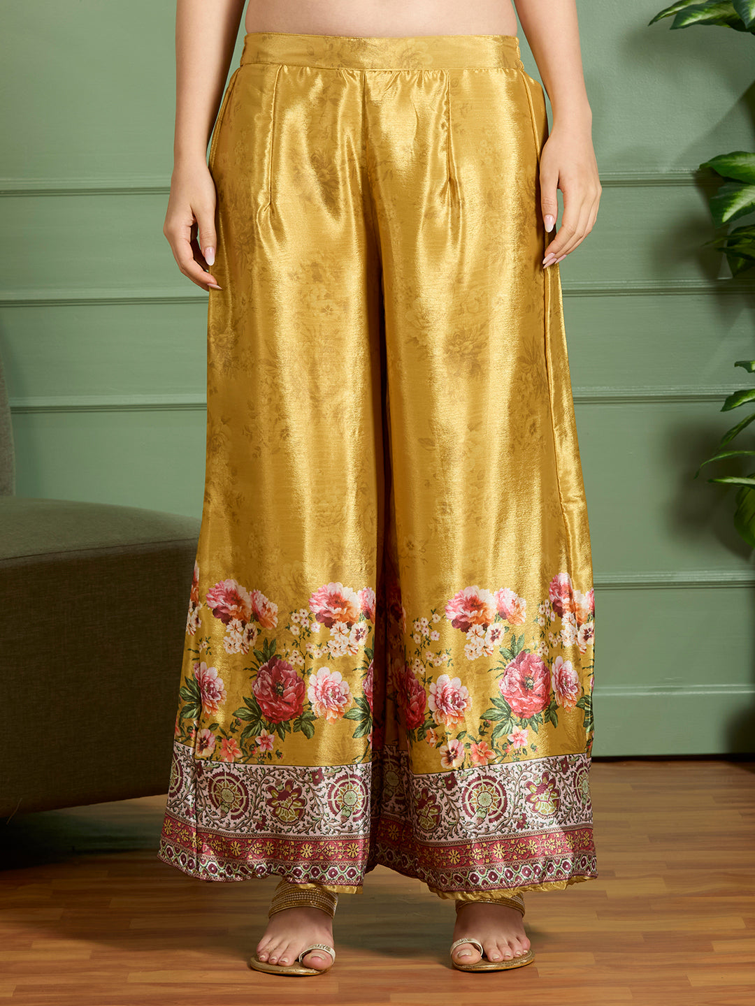Floral Printed Embroidered Straight Fit Kurta with Palazzo & Dupatta - Yellow