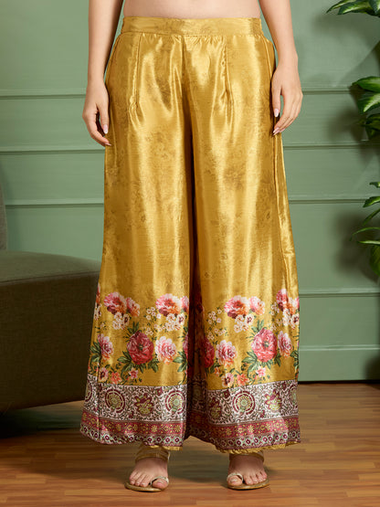 Floral Printed Embroidered Straight Fit Kurta with Palazzo & Dupatta - Yellow