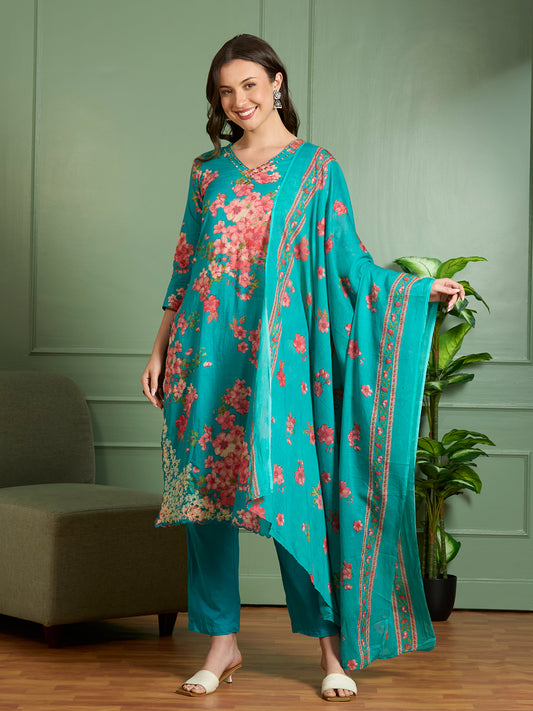 Floral Printed Straight Fit Kurta with Palazzo and Pure Cotton Dupatta - Sea Green
