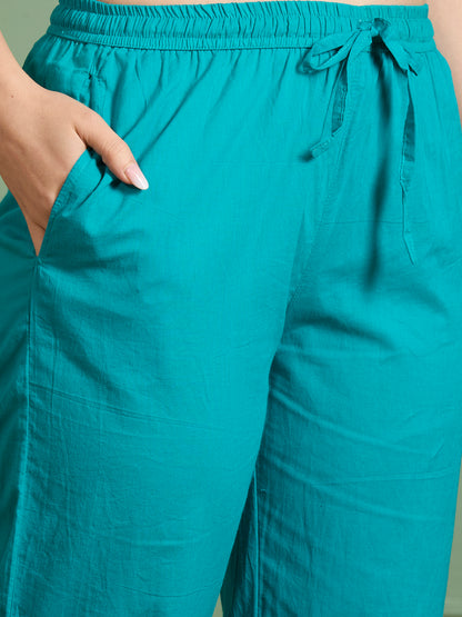 Floral Printed Straight Fit Kurta with Palazzo and Pure Cotton Dupatta - Sea Green