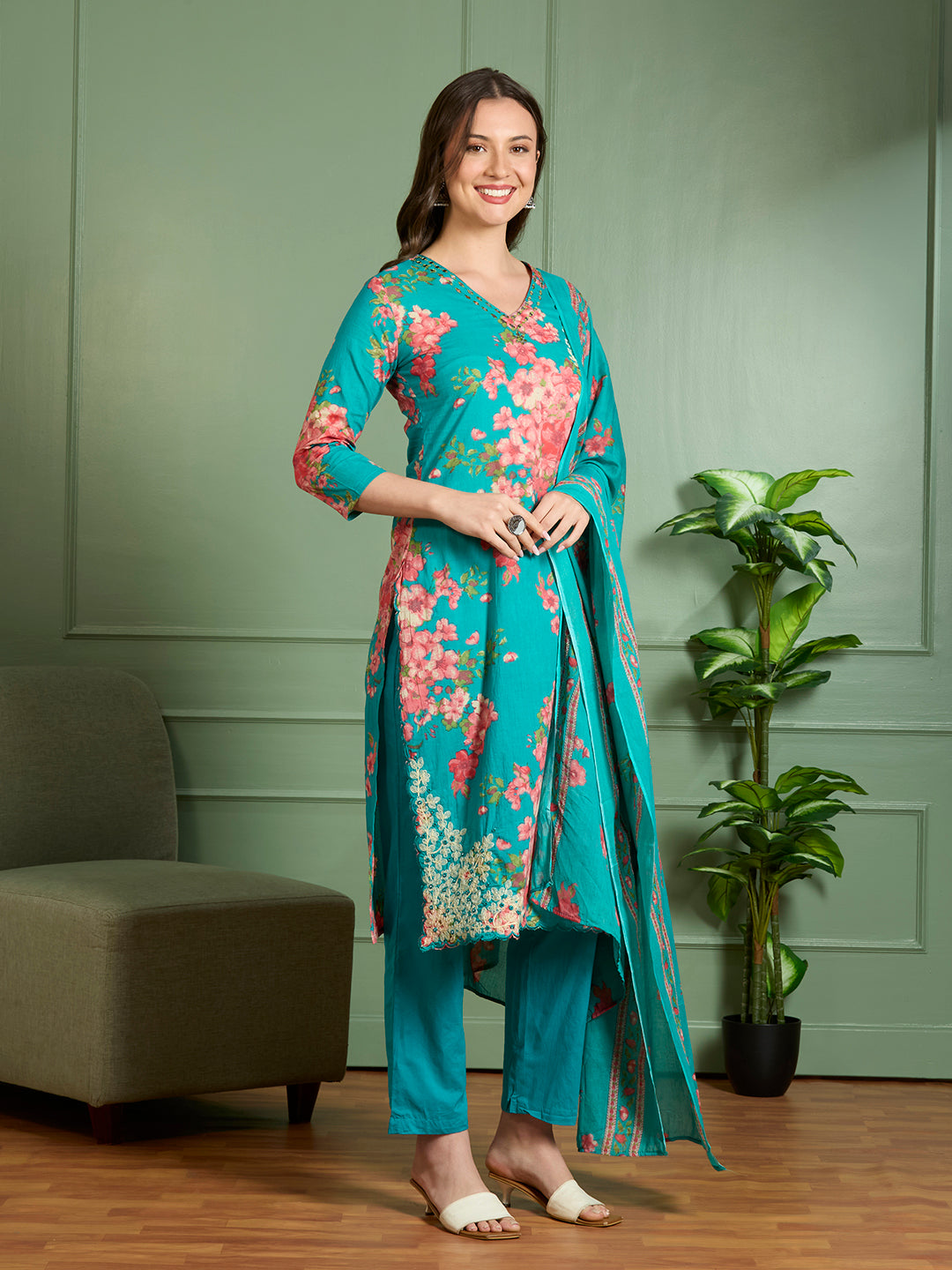Floral Printed Straight Fit Kurta with Palazzo and Pure Cotton Dupatta - Sea Green